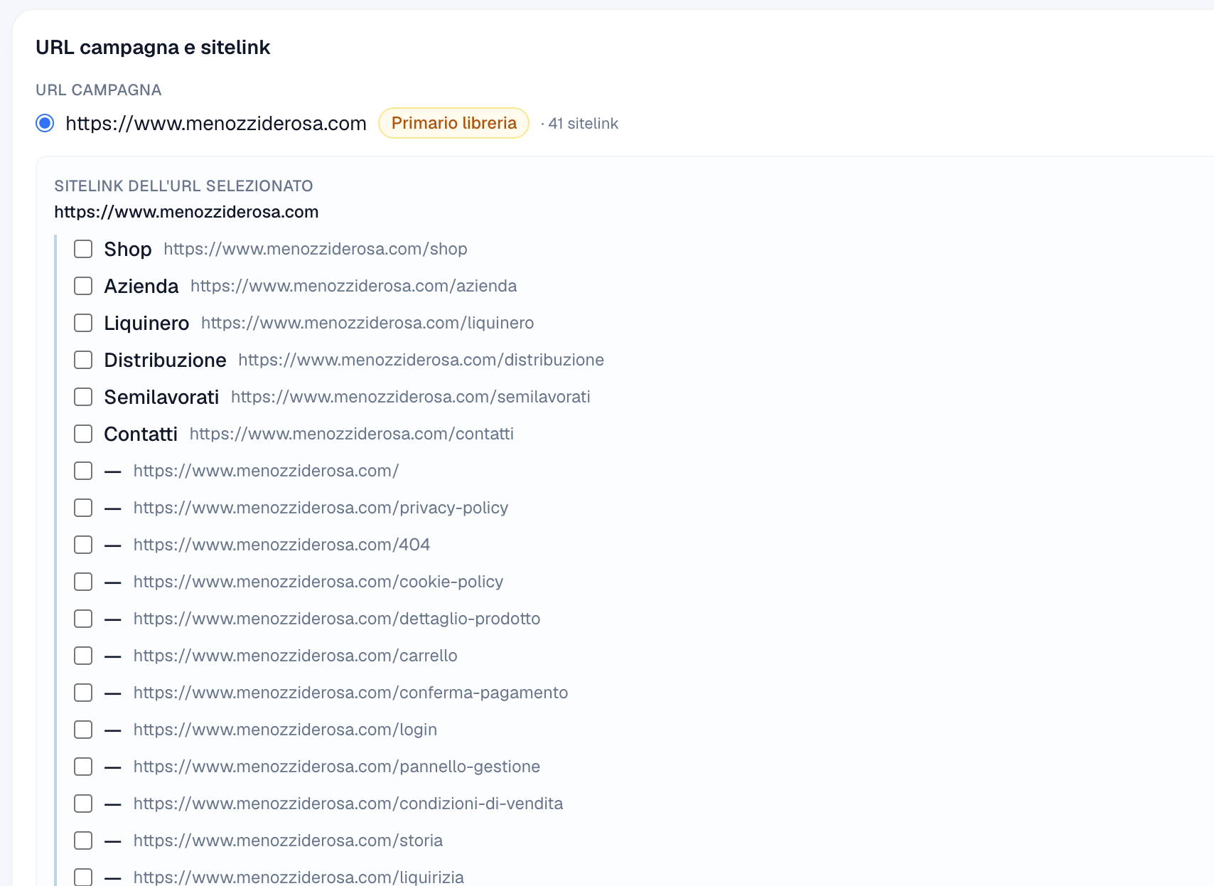 Tab Annunci e parole chiave — URL campagna e sitelink