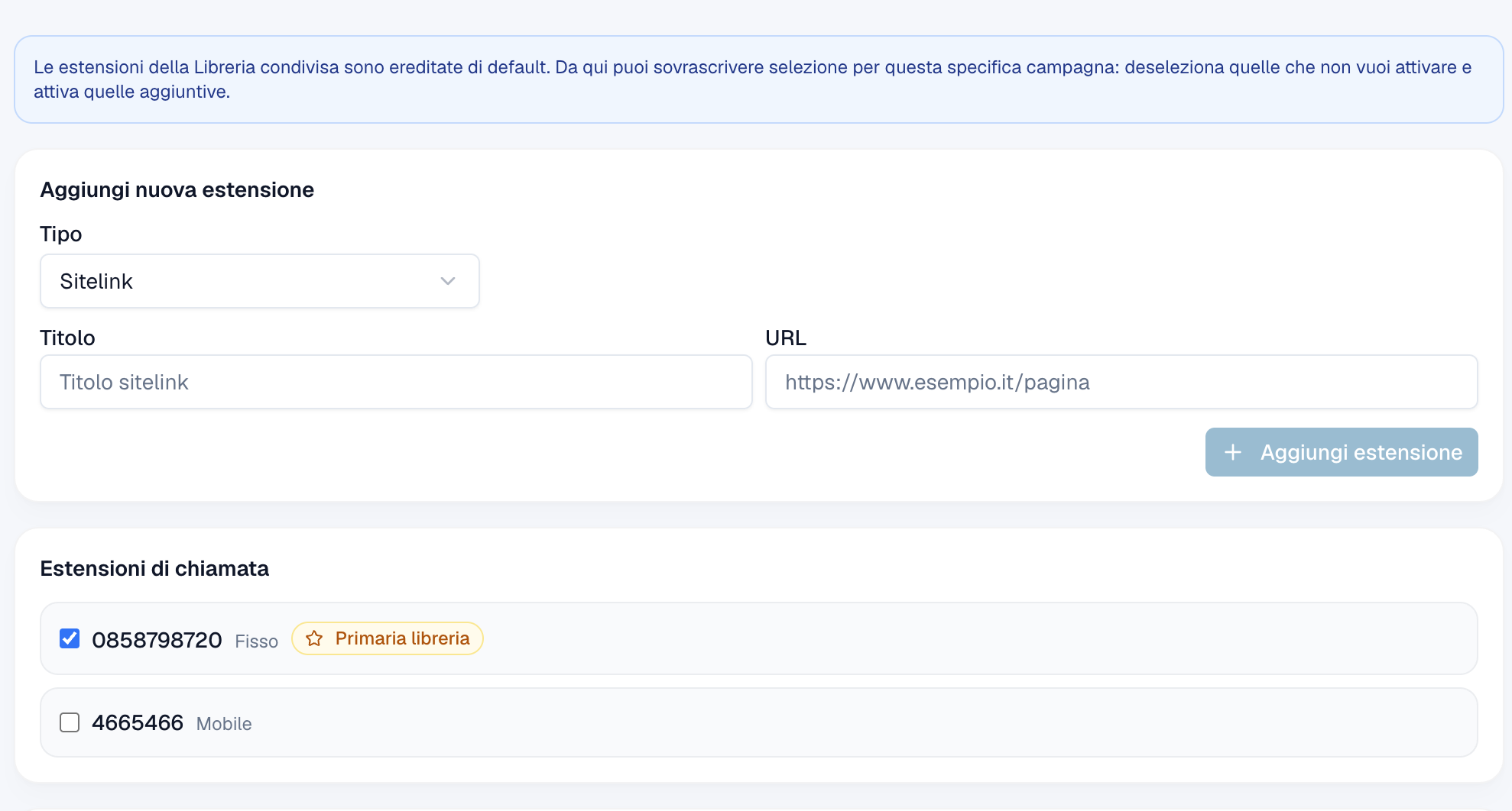Tab Estensioni — aggiunta estensione ed estensioni di chiamata