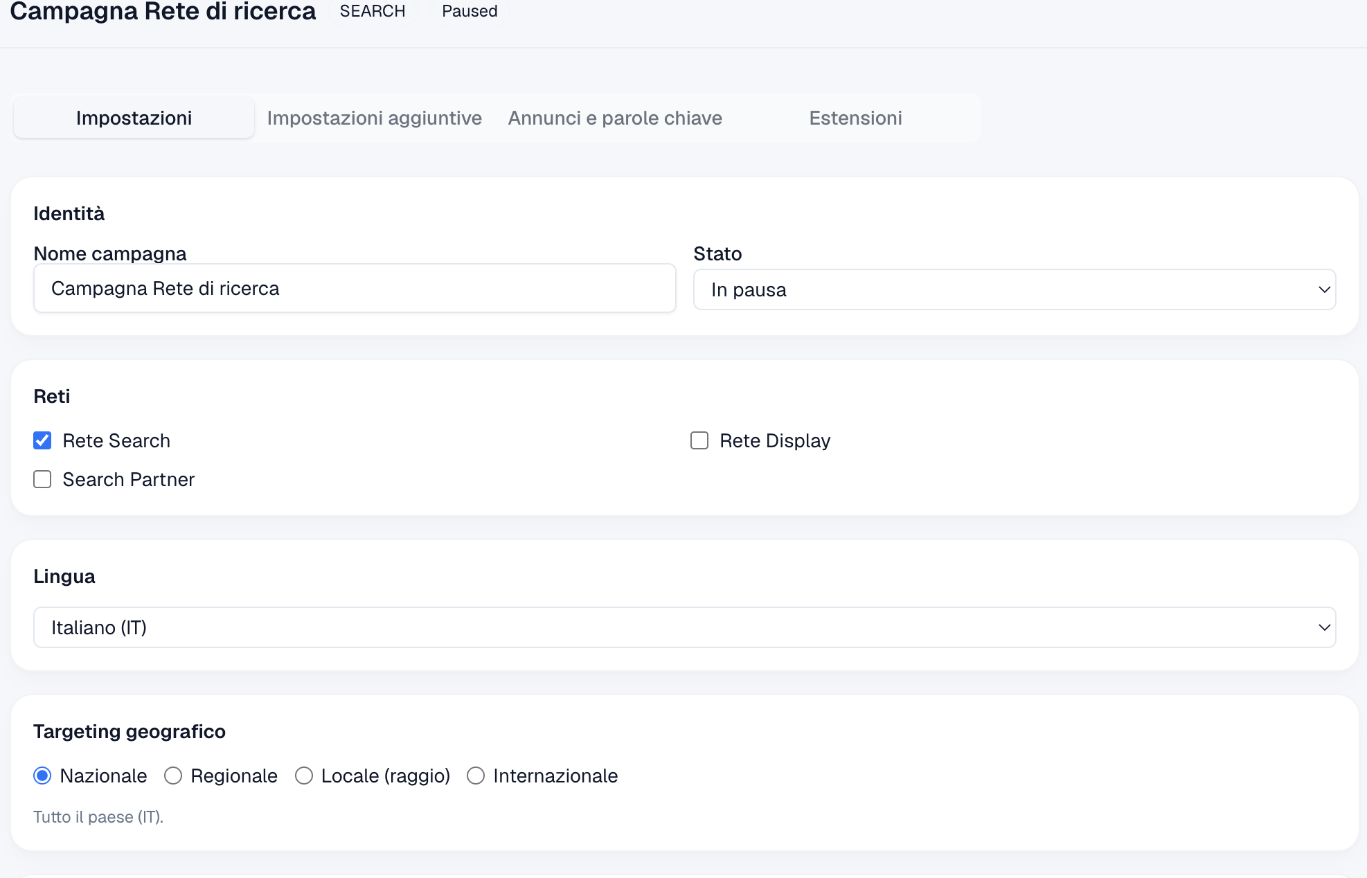 Tab Impostazioni — Identità, Reti, Lingua, Targeting geografico