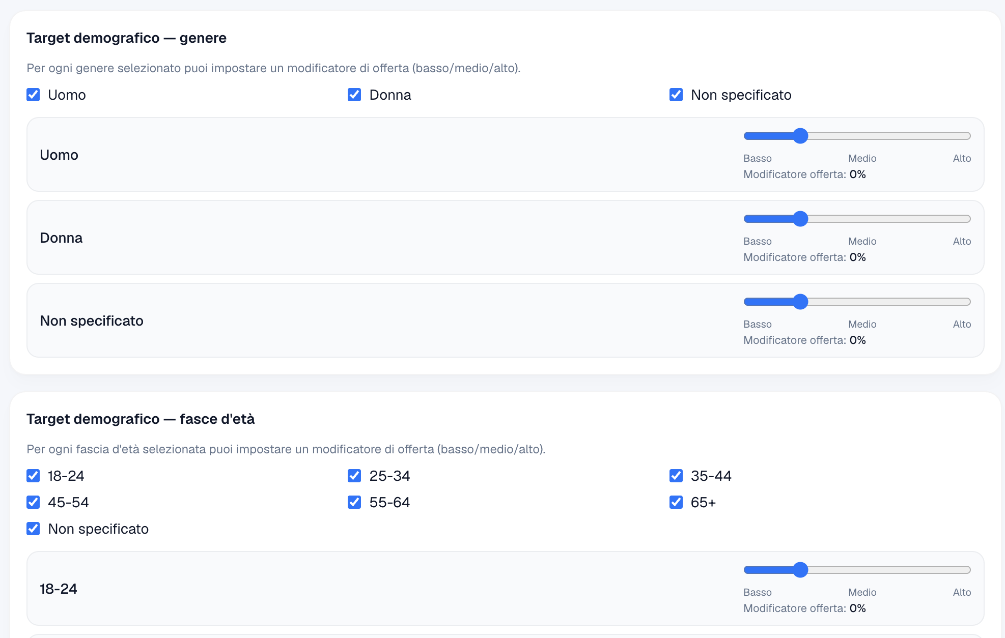 Tab Impostazioni aggiuntive — target demografico per genere ed età