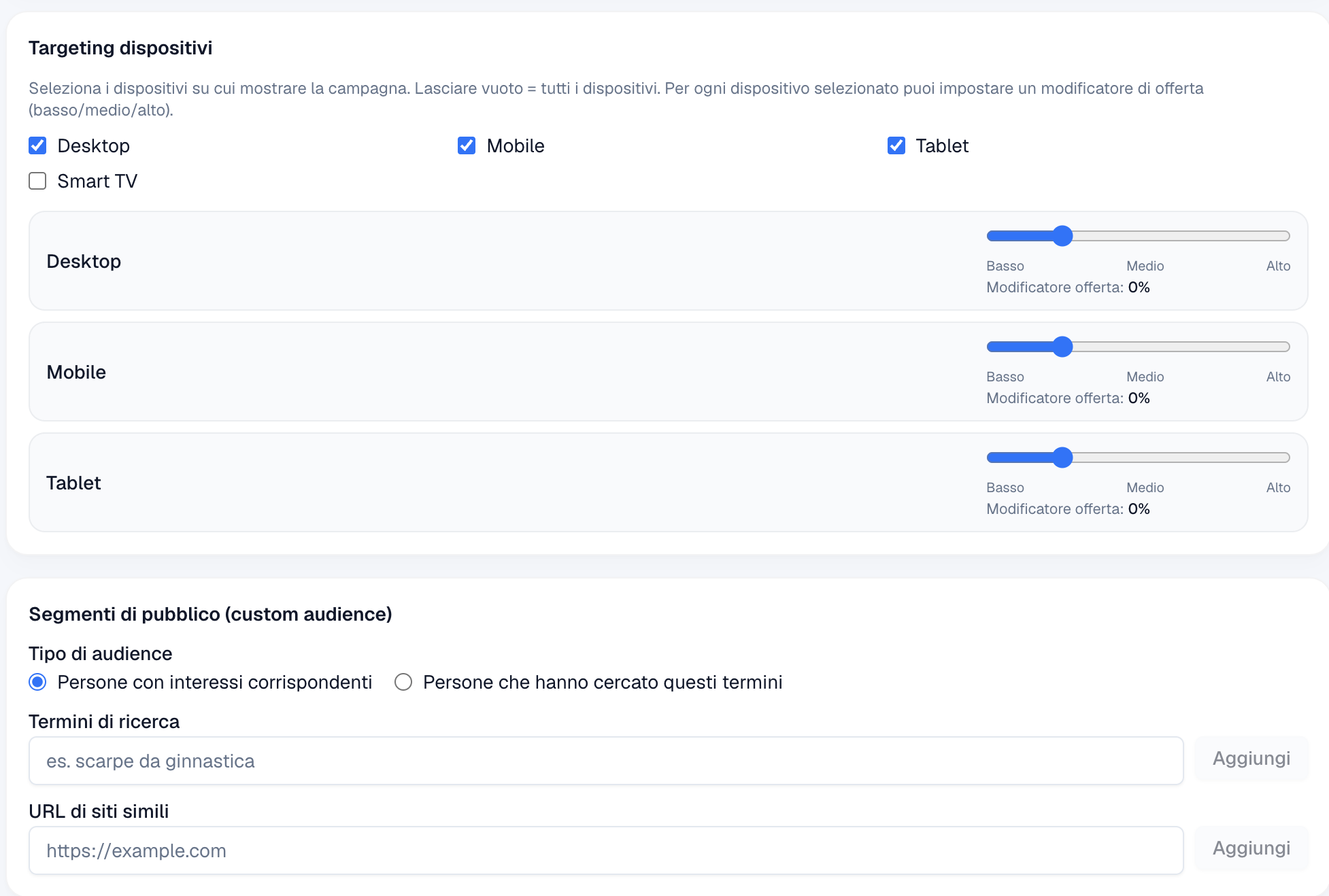 Tab Impostazioni aggiuntive — targeting dispositivi e segmenti di pubblico