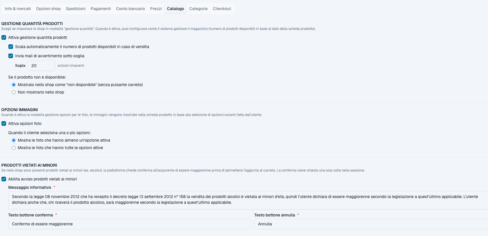 Impostazioni shop — tab Catalogo