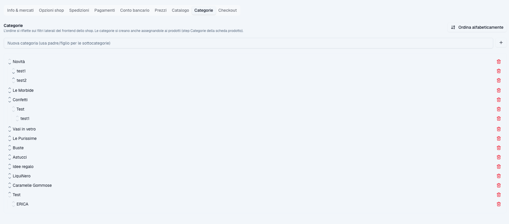 Impostazioni shop — tab Categorie