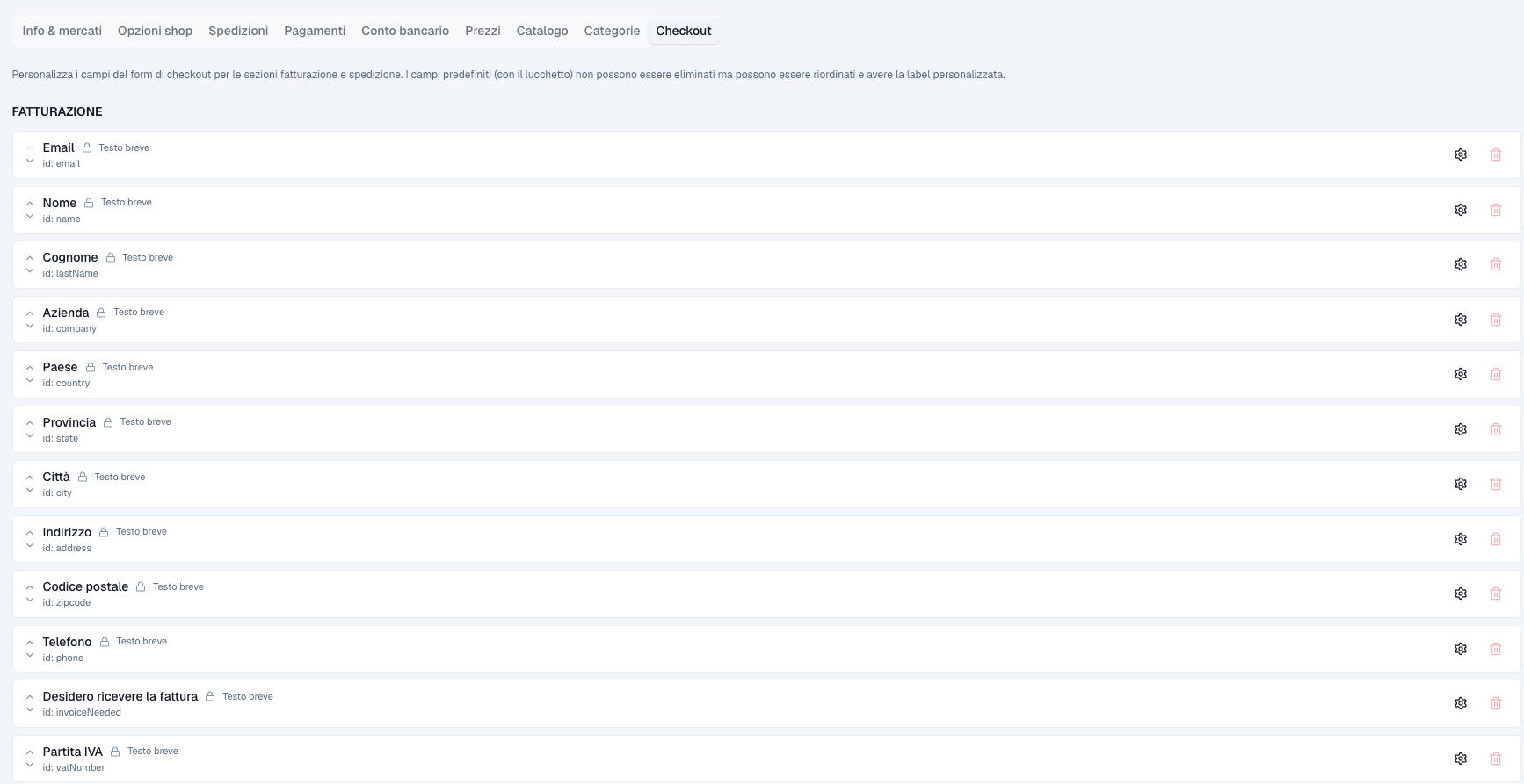 Impostazioni shop — tab Checkout