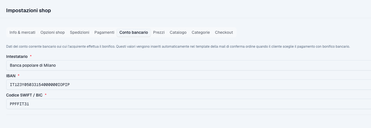 Impostazioni shop — tab Conto bancario