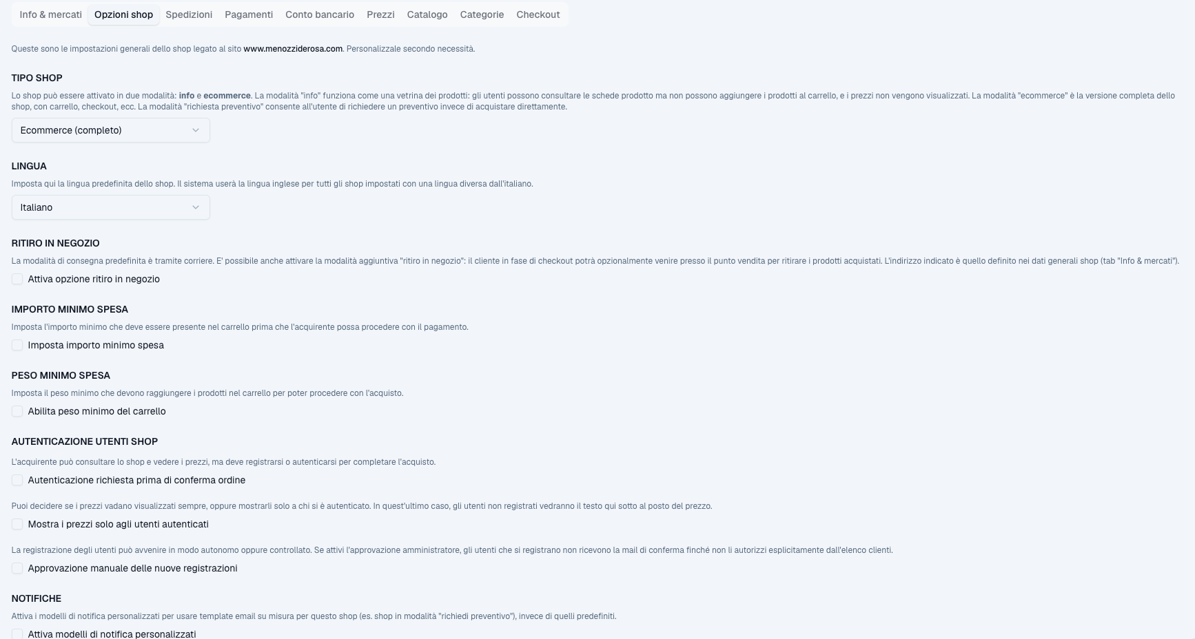Impostazioni shop — tab Opzioni shop