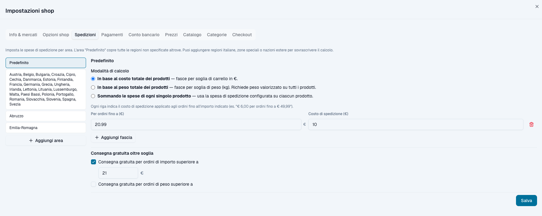 Impostazioni shop — tab Spedizioni