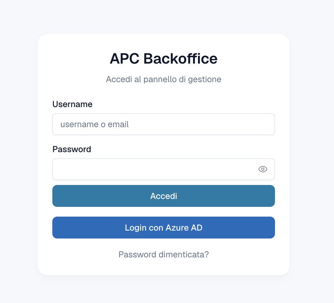 Schermata di login di APC Backoffice