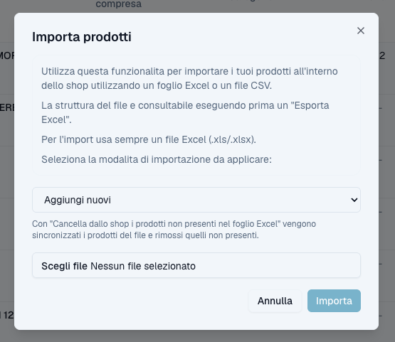 Finestra «Importa prodotti» da file Excel