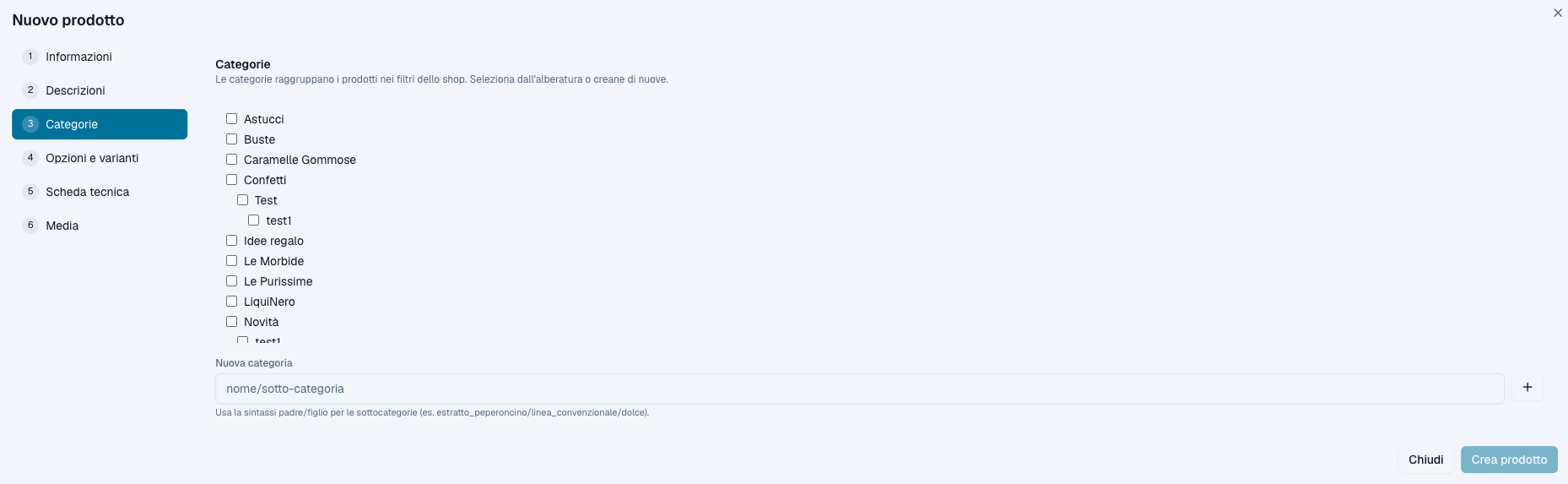 Nuovo prodotto — step Categorie