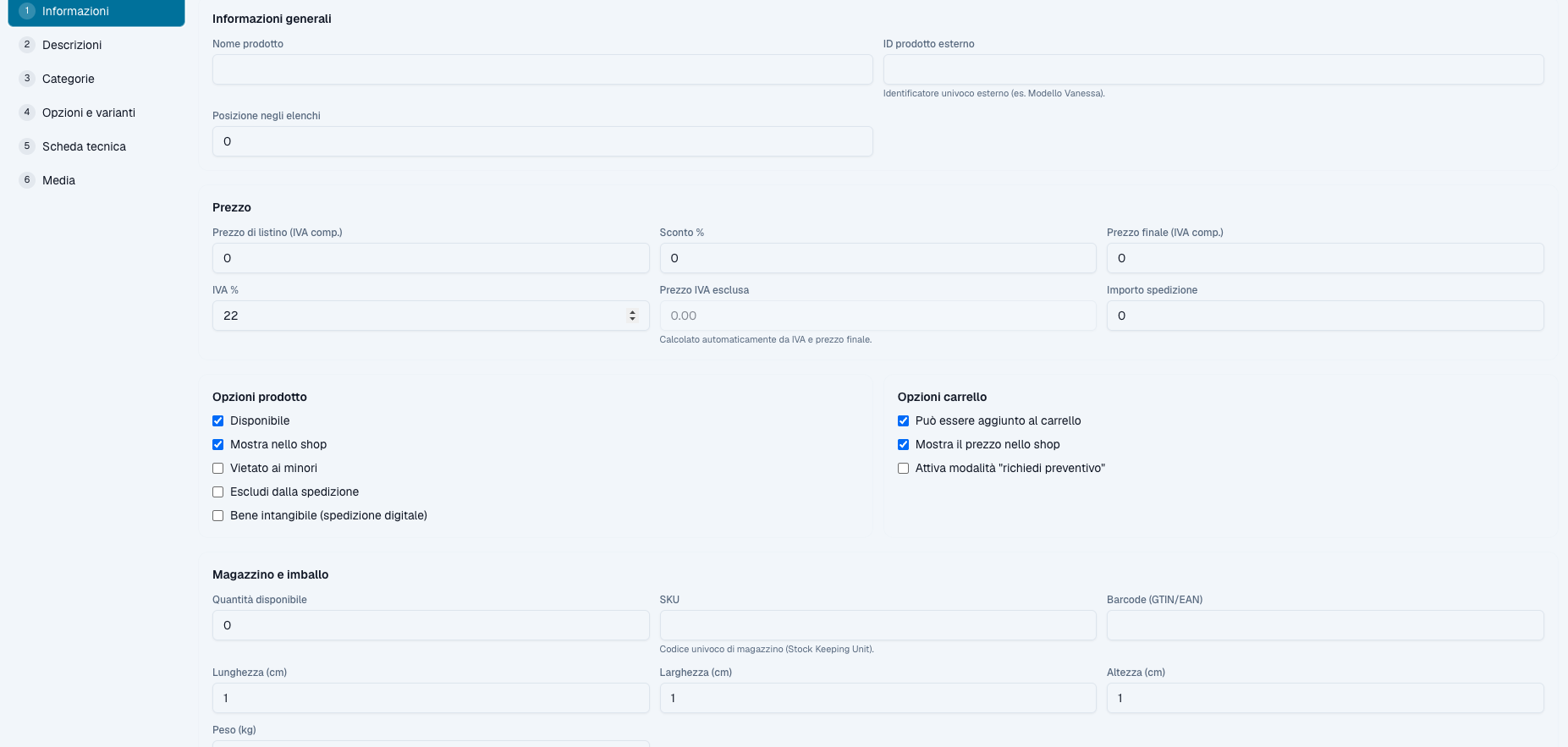 Nuovo prodotto — step Informazioni