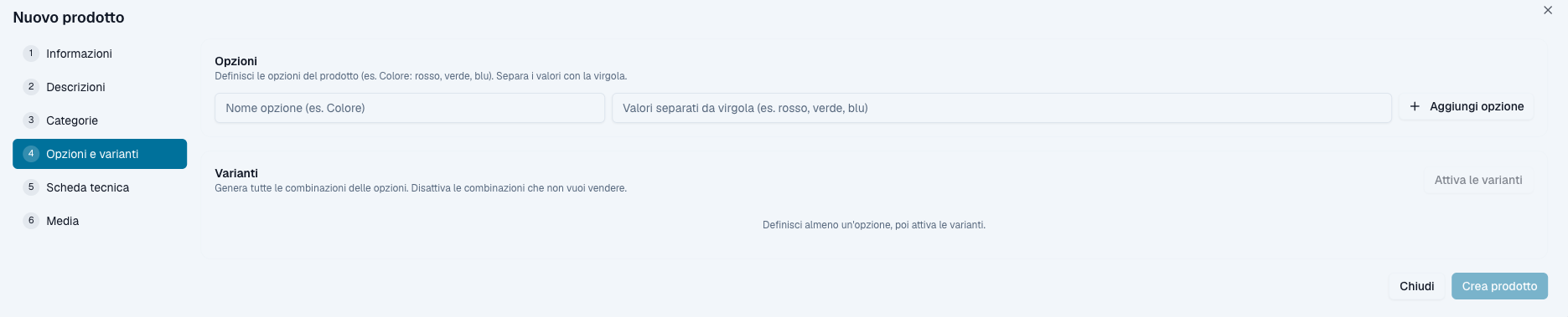 Nuovo prodotto — step Opzioni e varianti