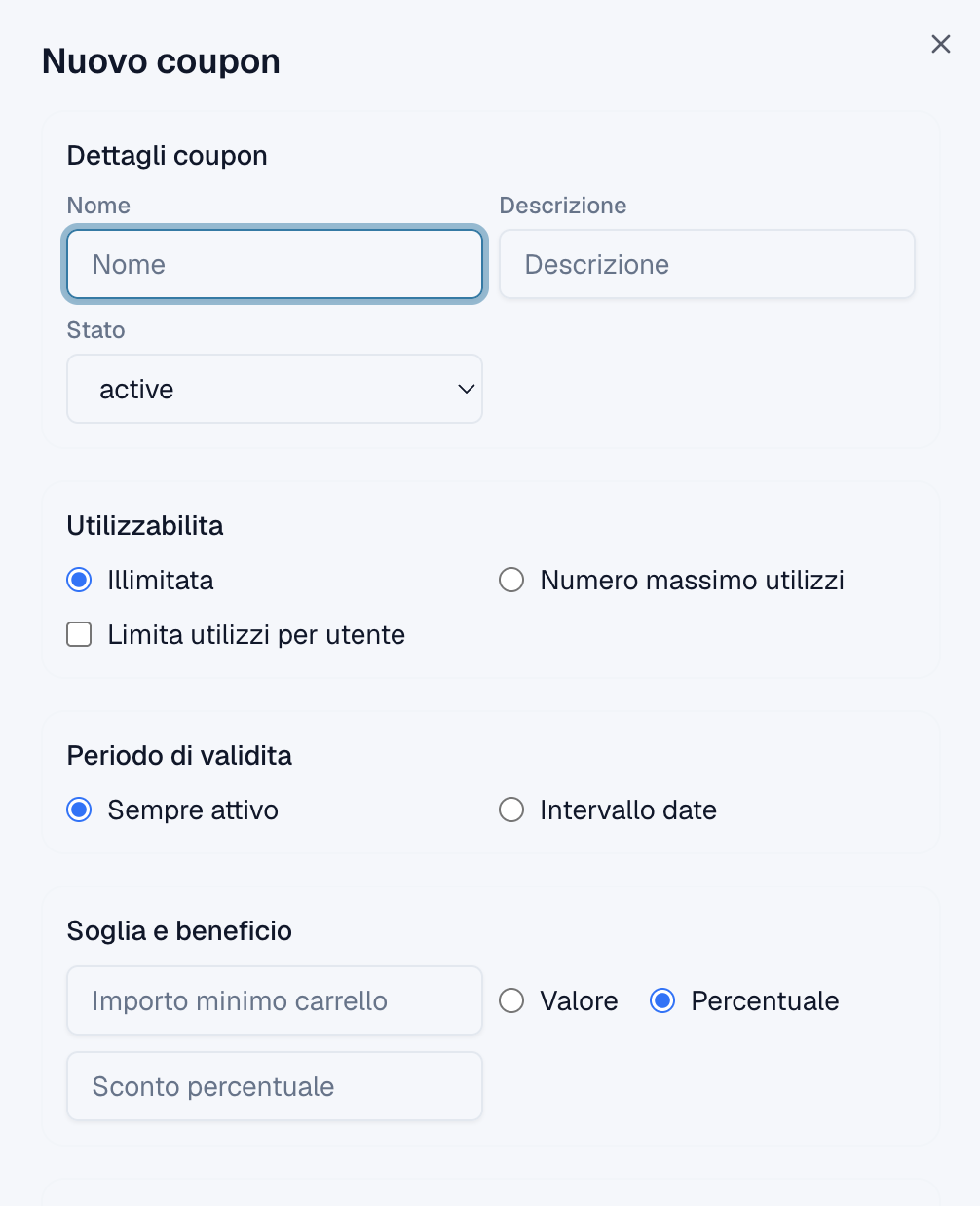 Creazione di un nuovo coupon