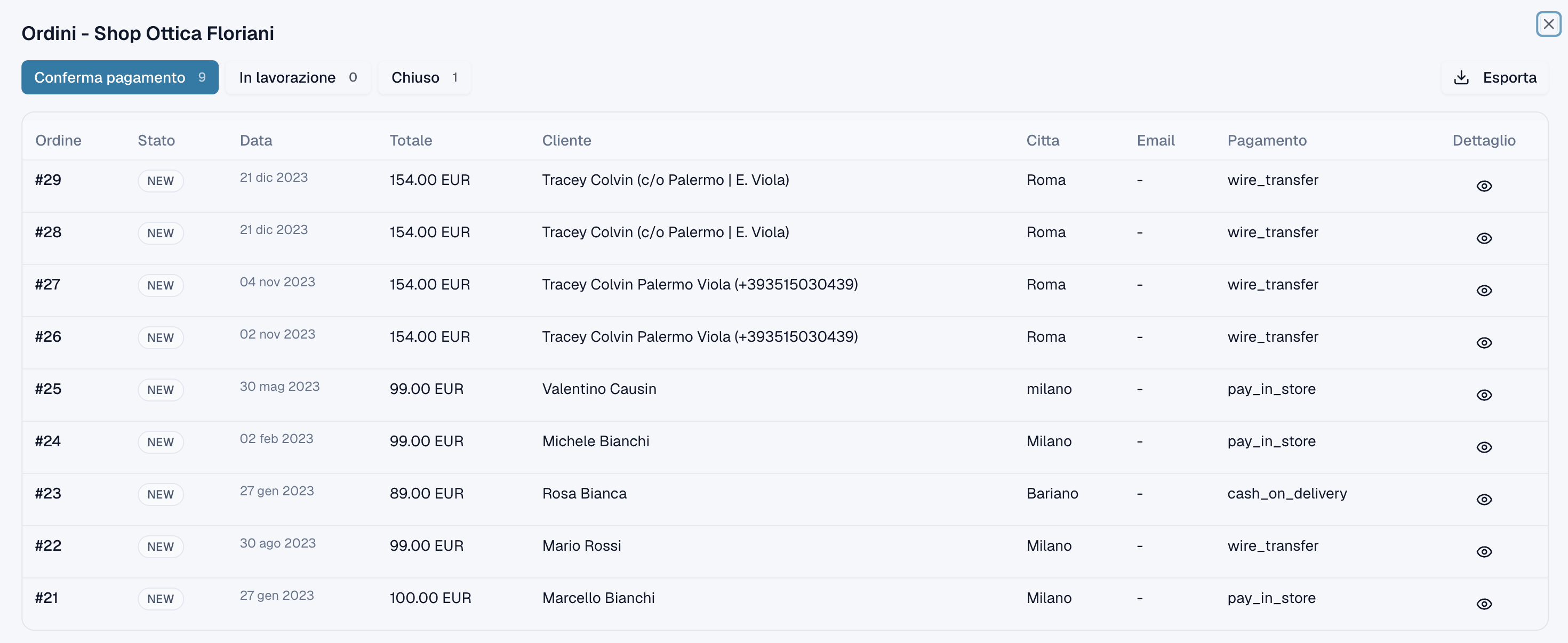 Elenco ordini dello shop
